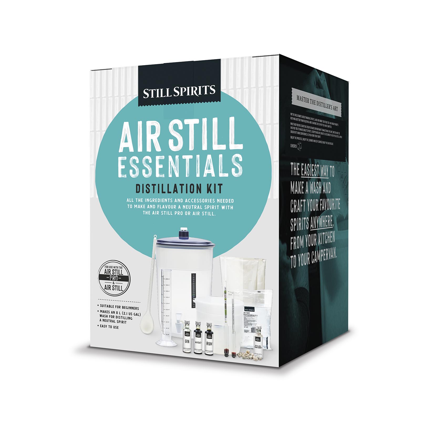 Distilling at home should be fun and easy. That's why we've packed all the beginner distilling essentials into one easy-to-use kit.
The Air Still Essentials Distillation Kit enables you to prepare and ferment your wash, collect distillate, dilute, filter, and flavor your neutral spirit with various Top Shelf Flavourings.